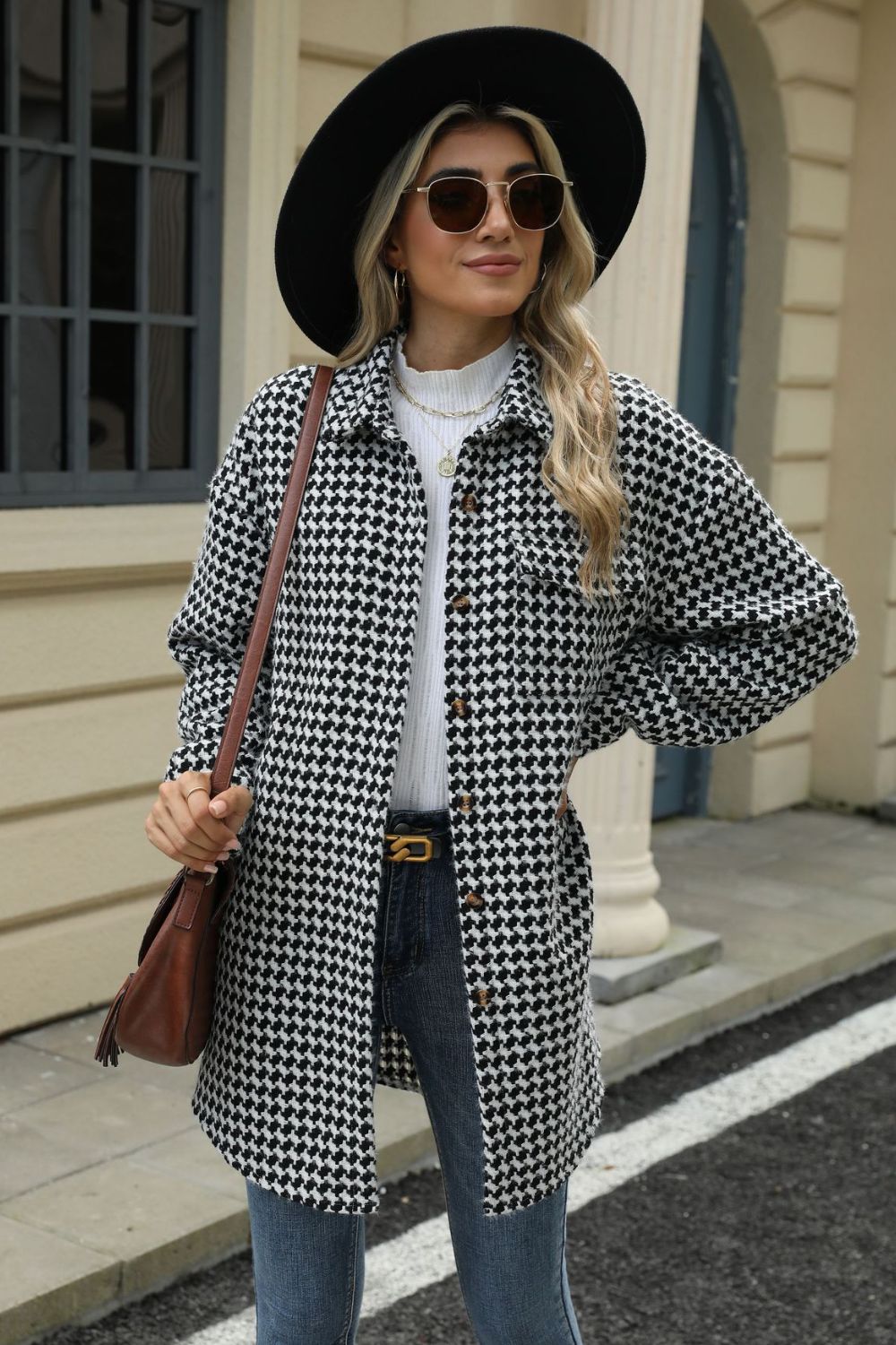 Houndstooth Button Up Dropped Shoulder Coat-TOPS / DRESSES-[Adult]-[Female]-2022 Online Blue Zone Planet