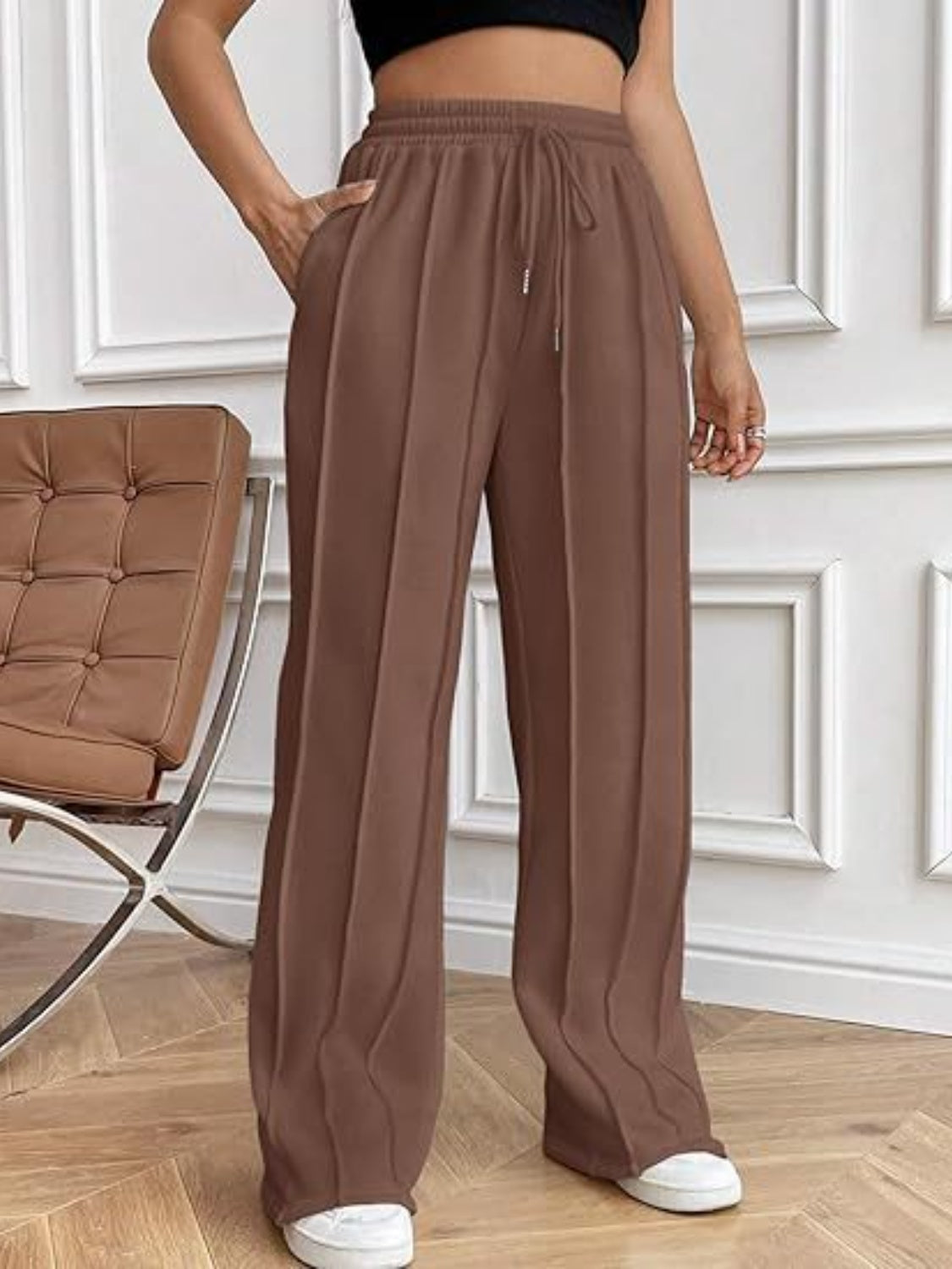 Blue Zone Planet | Drawstring Wide Leg Pants with Pockets-TOPS / DRESSES-[Adult]-[Female]-Brown-S-2022 Online Blue Zone Planet