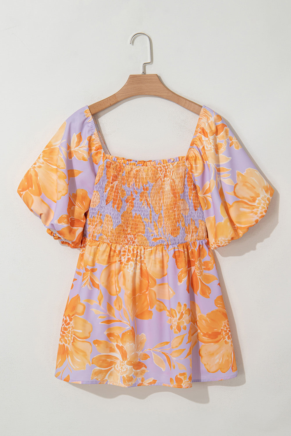 Purple Floral Puff Sleeve Square Neck Smocked Plus Size Babydoll Blouse-Plus Size/Plus Size Tops/Plus Size Blouses & Shirts-[Adult]-[Female]-2022 Online Blue Zone Planet