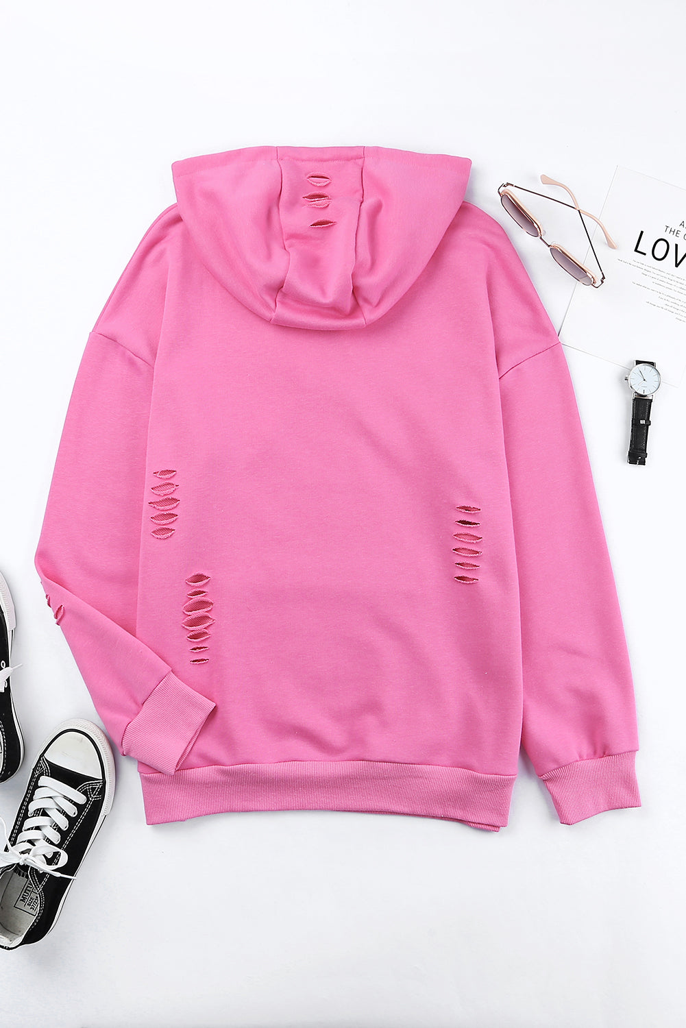 Pink Solid Ripped Hooded Sweatshirt with Kangaroo Pocket-Tops/Sweatshirts & Hoodies-[Adult]-[Female]-2022 Online Blue Zone Planet