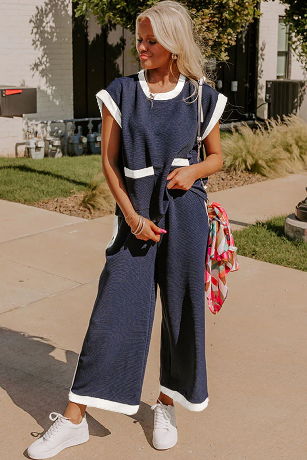 Navy Blue Color Block Pocketed T Shirt And Wide Leg Pants Set-Two Piece Sets/Pant Sets-[Adult]-[Female]-2022 Online Blue Zone Planet