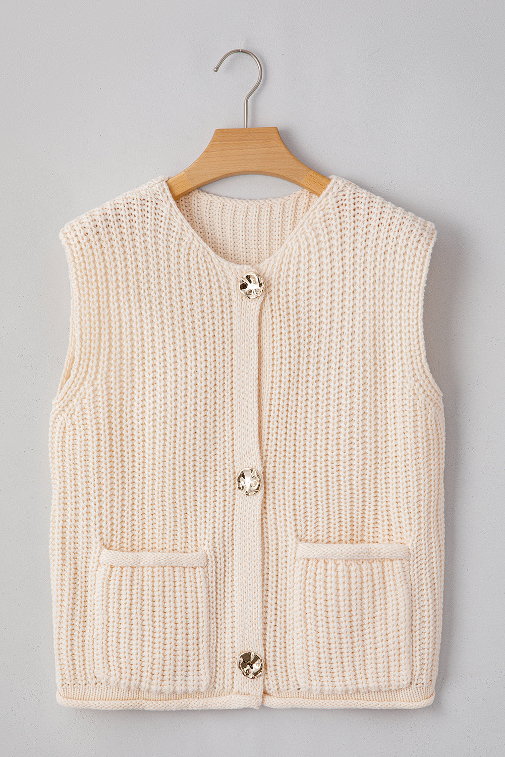 Blue Zone Planet | White Solid Textured Knit Side Pockets Buttoned Sweater Vest-Sweaters & Cardigans/Sweater Vests-[Adult]-[Female]-2022 Online Blue Zone Planet