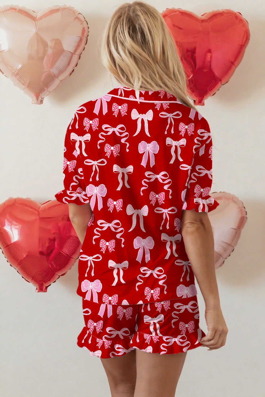 Red Sweet Bow Print Ruffled Short Sleeve Shirt Shorts 2pcs Pajama Set-Loungewear & Sleepwear/Sleepwear-[Adult]-[Female]-2022 Online Blue Zone Planet