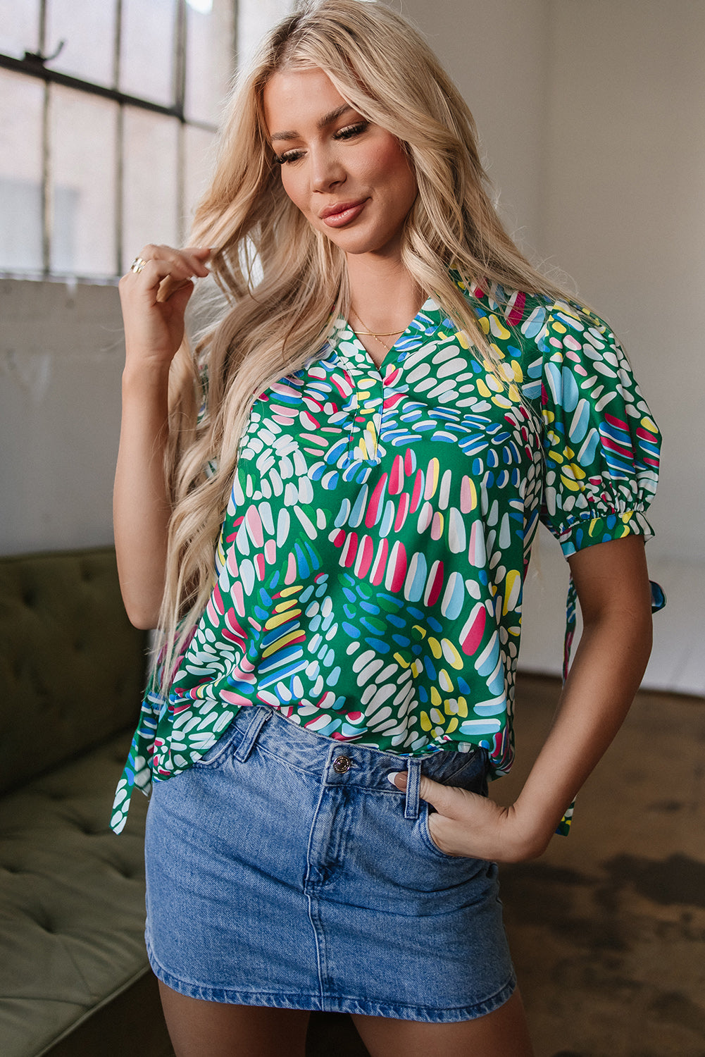 Green Brushwork Geometric Print Puff Sleeve Notched Neck Blouse-Tops/Blouses & Shirts-[Adult]-[Female]-Green-S-2022 Online Blue Zone Planet