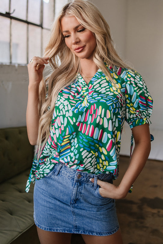 Green Brushwork Geometric Print Puff Sleeve Notched Neck Blouse-Tops/Blouses & Shirts-[Adult]-[Female]-Green-S-2022 Online Blue Zone Planet