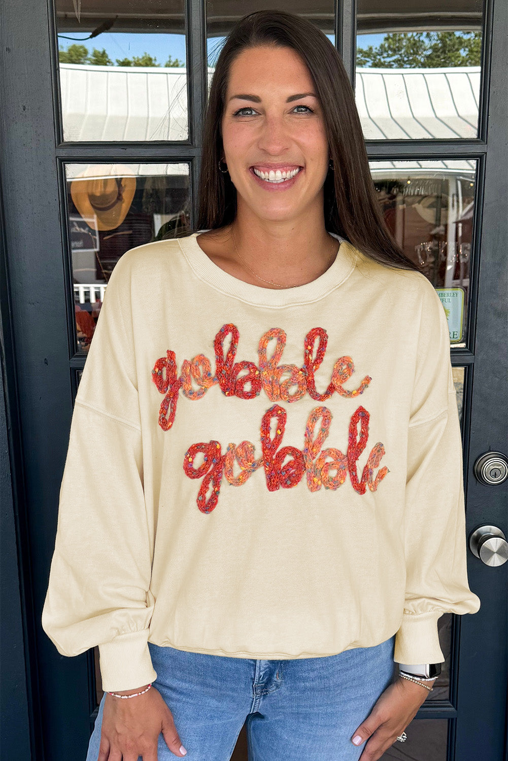 Apricot Thanksgiving Gobble Gobble Embroidered Pattern Drop Shoulder Crew Neck Sweatshirt-Tops/Sweatshirts & Hoodies-[Adult]-[Female]-2022 Online Blue Zone Planet