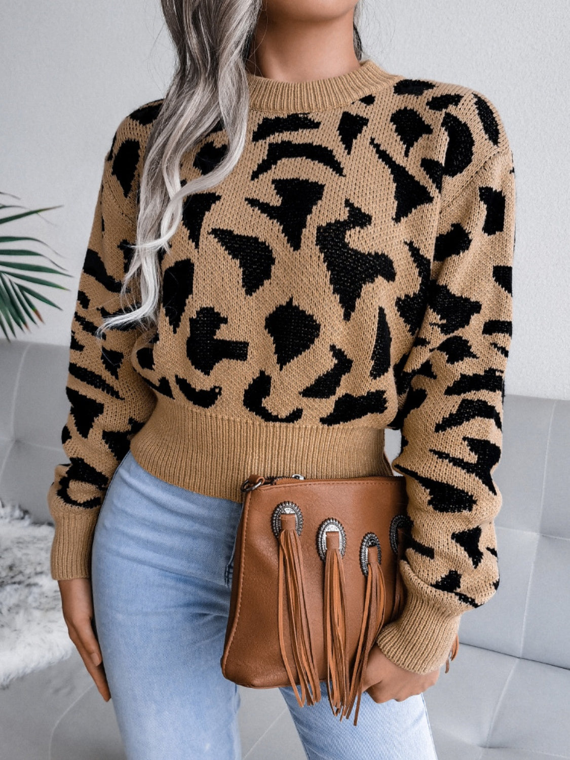 Blue Zone Planet | Leopard Round Neck Dropped Shoulder Sweater-TOPS / DRESSES-[Adult]-[Female]-2022 Online Blue Zone Planet