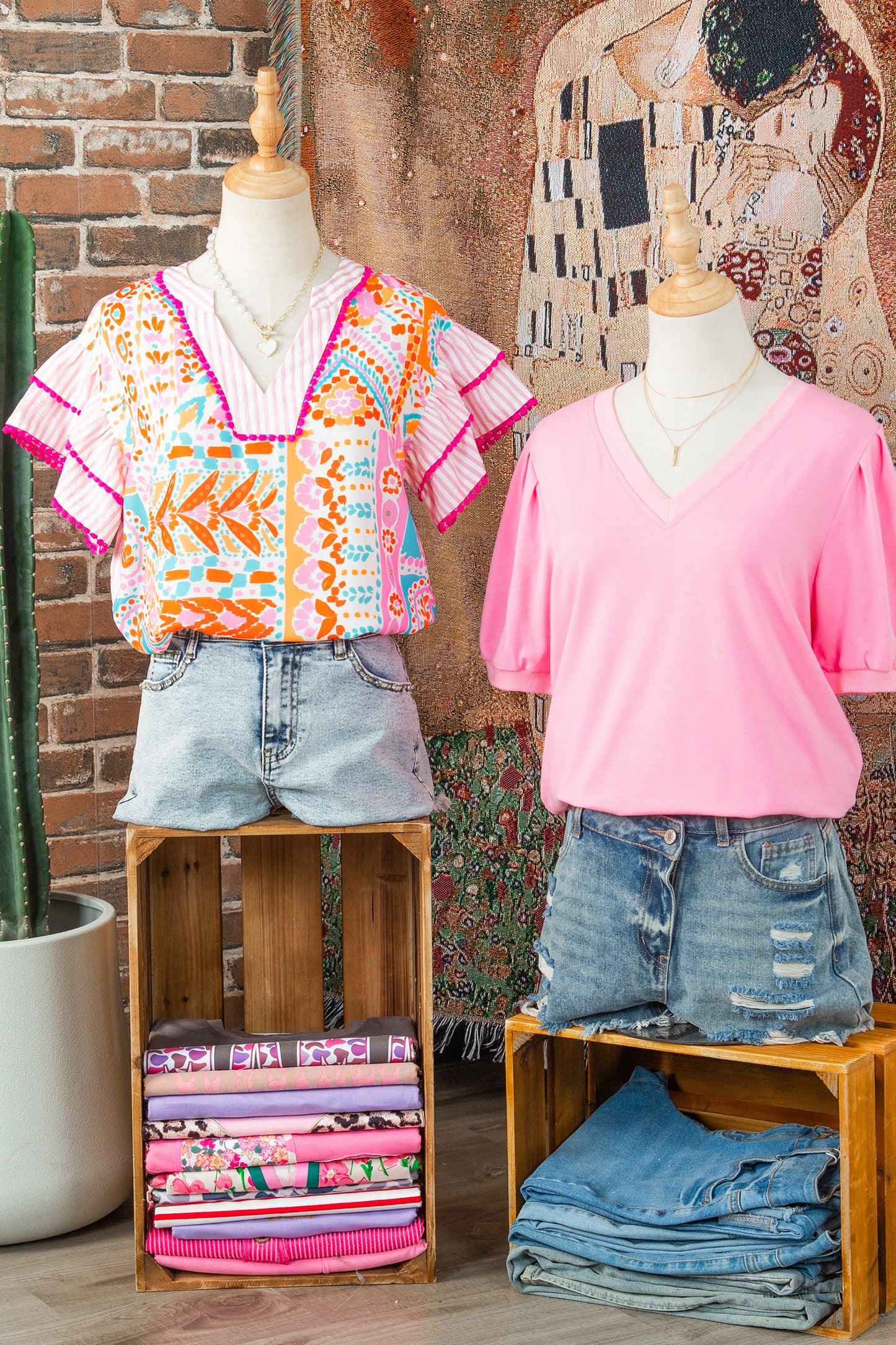Rose Boho Mixed Print Contrast Trim Striped Patchwork Tiered Short Sleeve Blouse-Tops/Blouses & Shirts-[Adult]-[Female]-2022 Online Blue Zone Planet