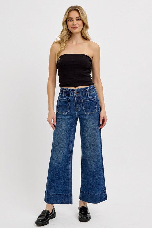 RISEN Elastic Band Wide Leg Jeans-BOTTOMS SIZES SMALL MEDIUM LARGE-[Adult]-[Female]-2022 Online Blue Zone Planet