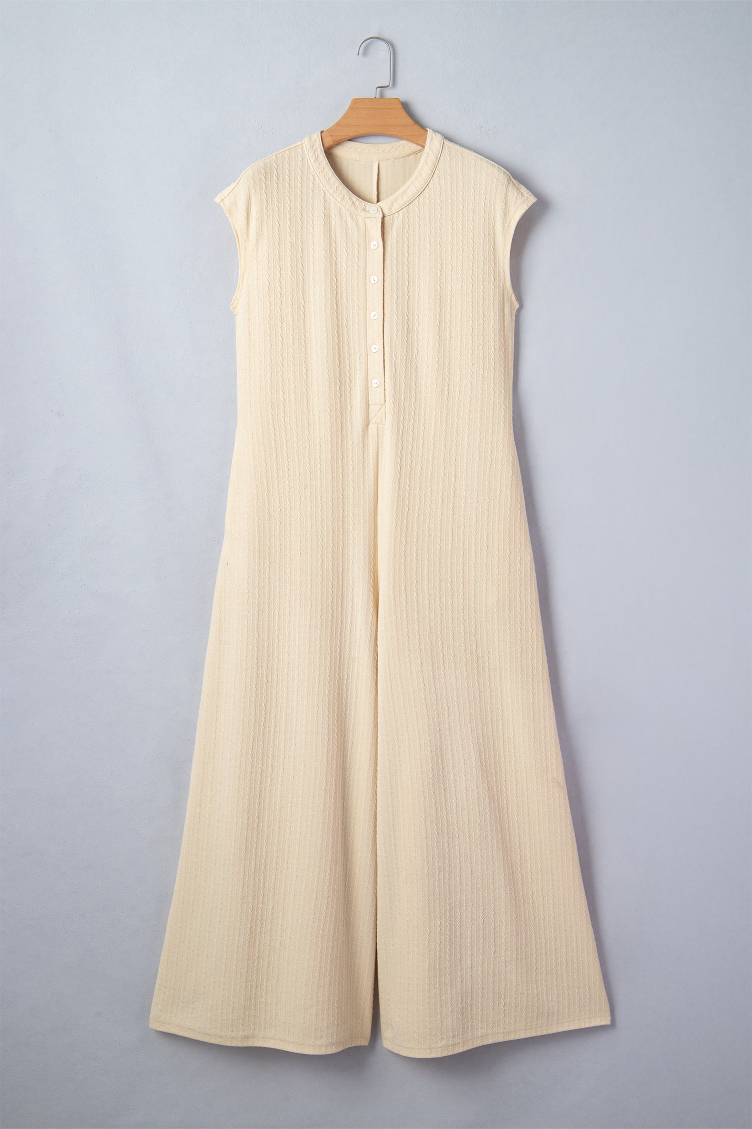 Jet Stream Half Buttons Ribbed Knit Wide Leg Jumpsuit-Bottoms/Jumpsuits & Rompers-[Adult]-[Female]-2022 Online Blue Zone Planet