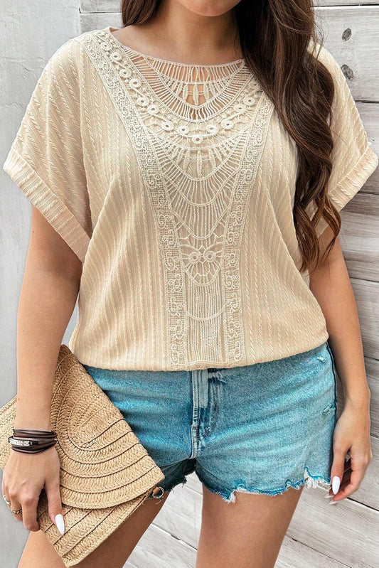 Beige Lace Crochet Patched Cable Textured Cuffed Short Sleeve Plus Size Top-Plus Size Tops-[Adult]-[Female]-Beige-1X-2022 Online Blue Zone Planet