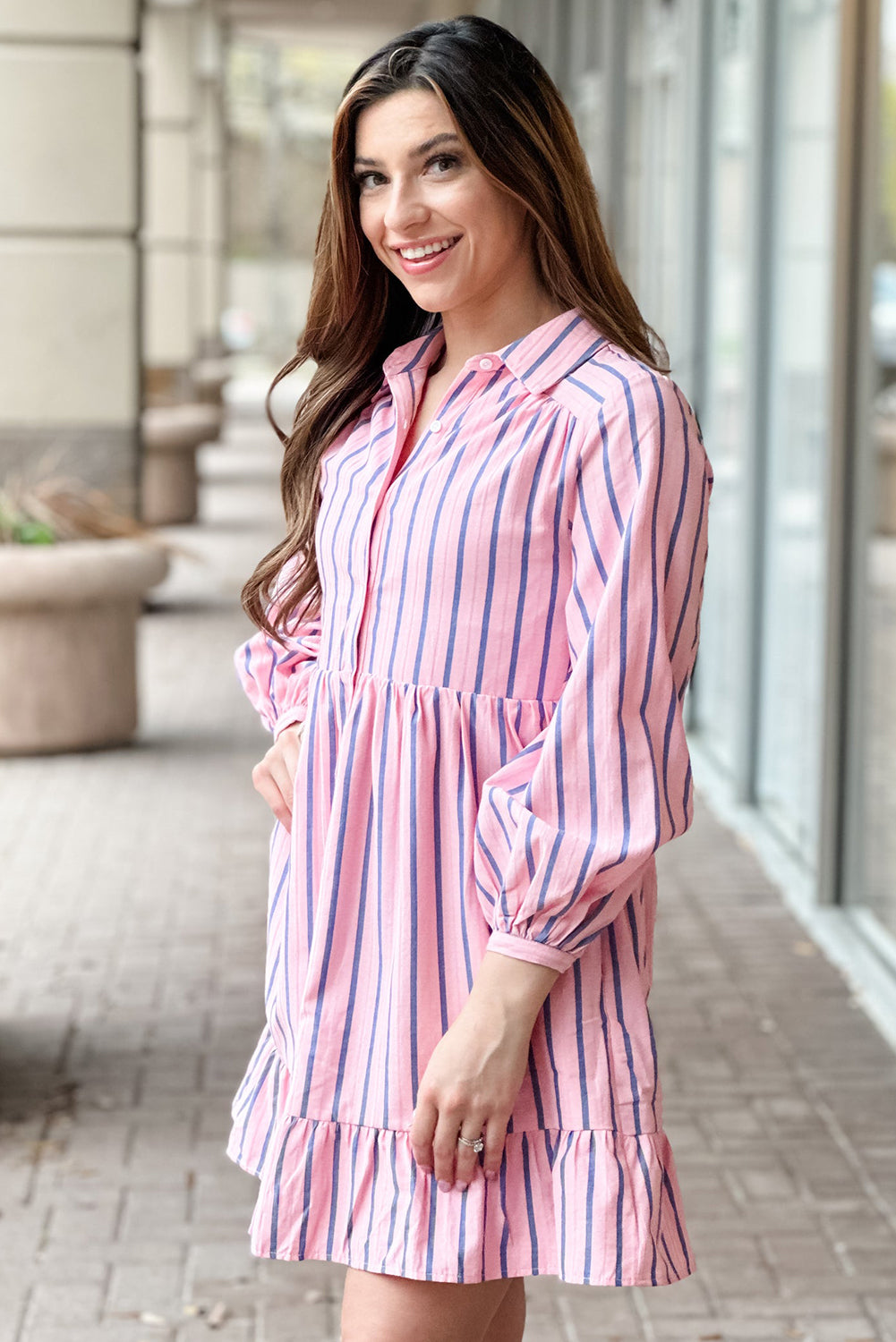 Pink Stripe Ruffled Hem Button-up Collared Shirt Mini Dress-Dresses/Mini Dresses-[Adult]-[Female]-2022 Online Blue Zone Planet