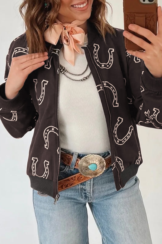 Brown Western Horseshoe Print Zipper Pocket Shift Jacket-Outerwear/Jackets-[Adult]-[Female]-Brown-S-2022 Online Blue Zone Planet