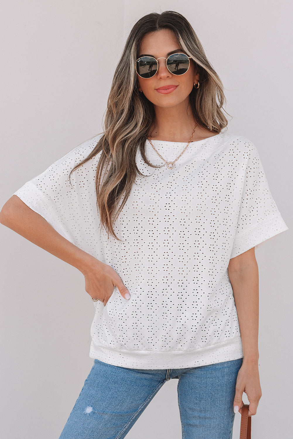 White Eyelet Pattern Boat Neck Casual Tee-Tops/Tops & Tees-[Adult]-[Female]-2022 Online Blue Zone Planet