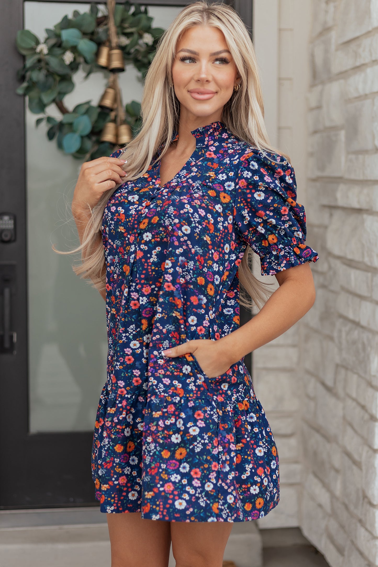 Blue Wild Daisy Floral Split Neck Short Puff Sleeve Mini Dress-TOPS / DRESSES-[Adult]-[Female]-2022 Online Blue Zone Planet