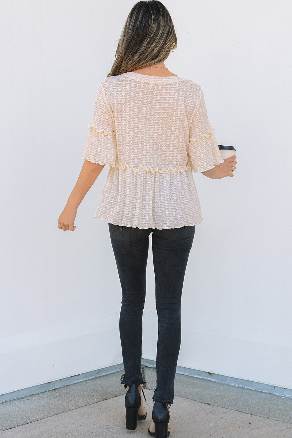 Beige Solid Color Textured Ruffled Short Sleeve Blouse-Tops/Blouses & Shirts-[Adult]-[Female]-2022 Online Blue Zone Planet