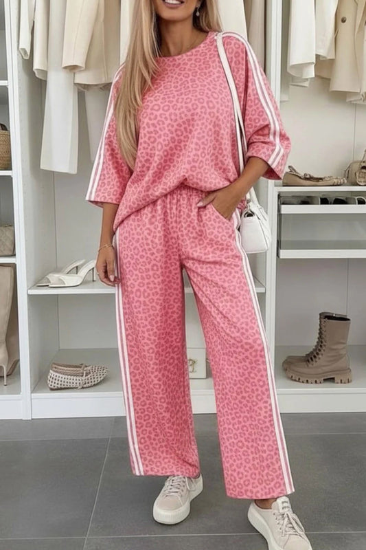 Pink Leopard Print Varsity Striped Detail 3/4 Sleeve Top Shift Pant Set-Two Piece Sets/Pant Sets-[Adult]-[Female]-Pink-S-2022 Online Blue Zone Planet