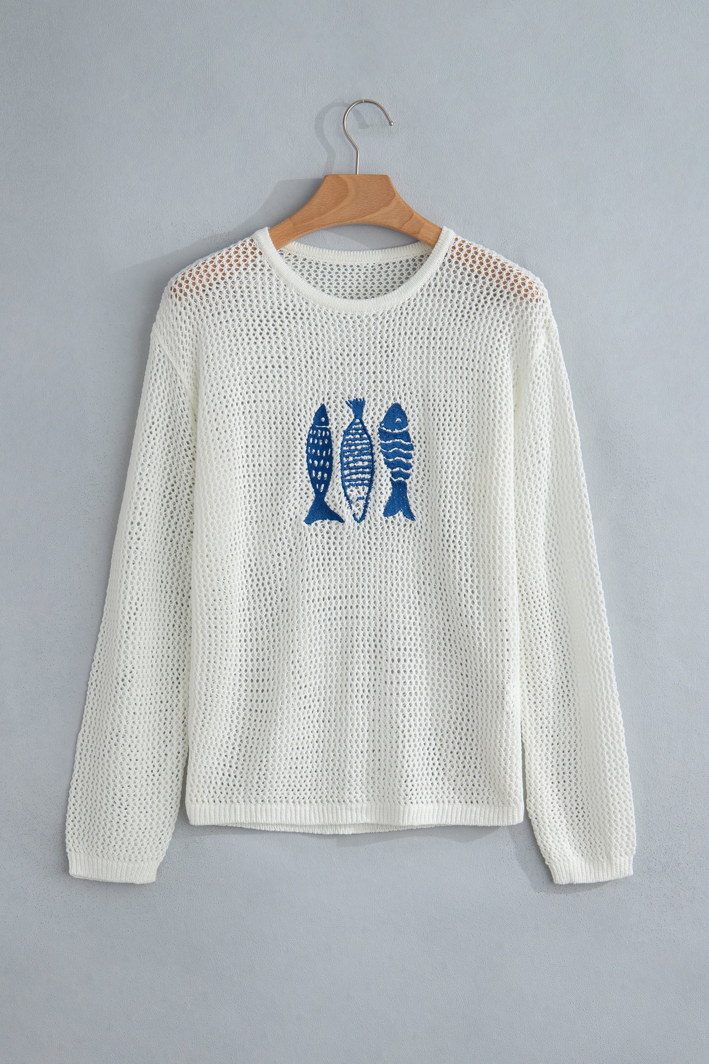 White Open Knit Fish Embroidered Casual Sweater-TOPS / DRESSES-[Adult]-[Female]-2022 Online Blue Zone Planet
