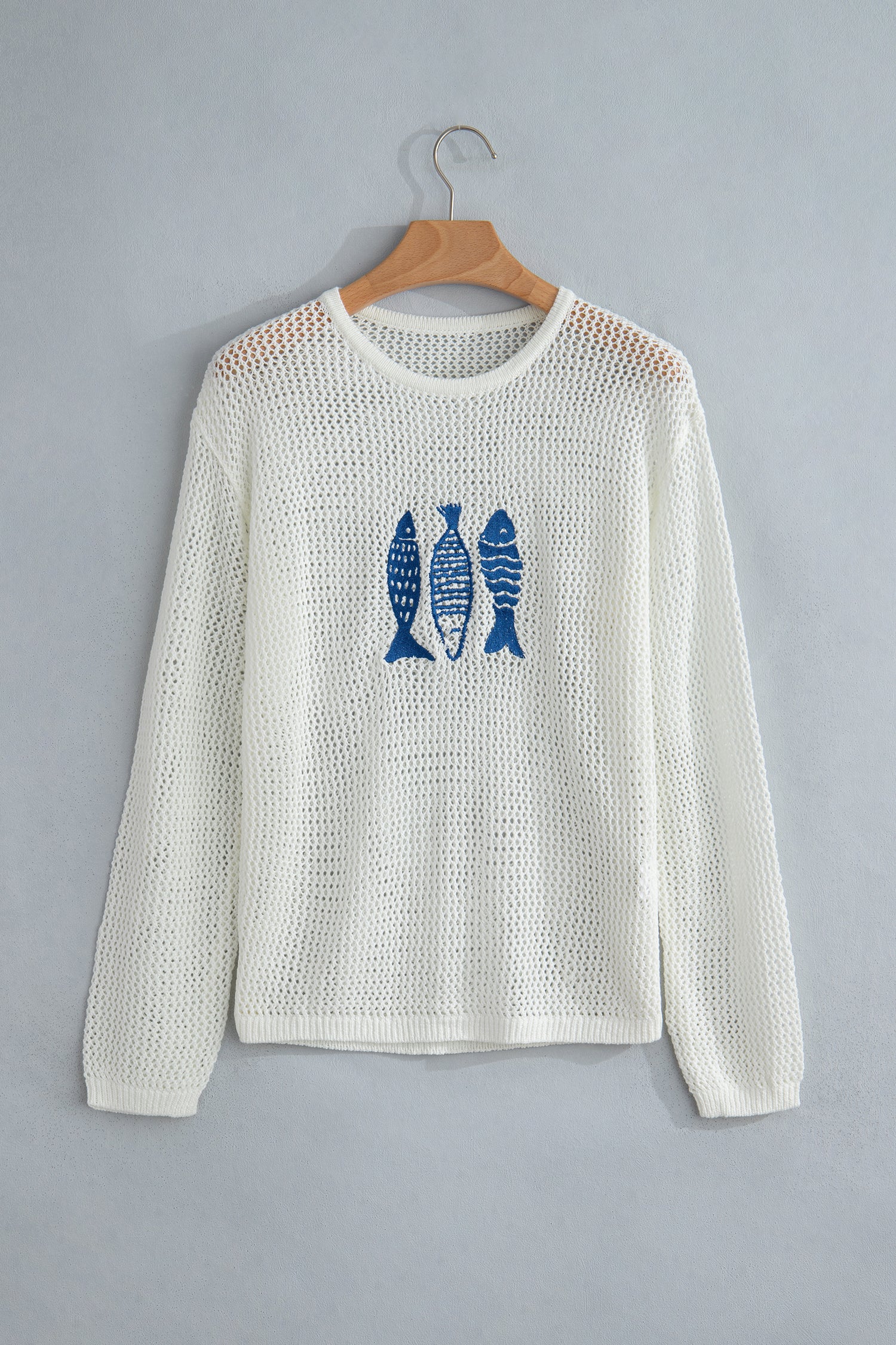 White Open Knit Fish Embroidered Casual Sweater-TOPS / DRESSES-[Adult]-[Female]-2022 Online Blue Zone Planet