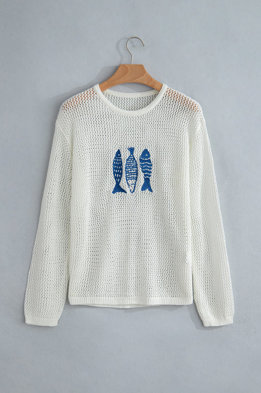 White Open Knit Fish Embroidered Casual Sweater-TOPS / DRESSES-[Adult]-[Female]-2022 Online Blue Zone Planet