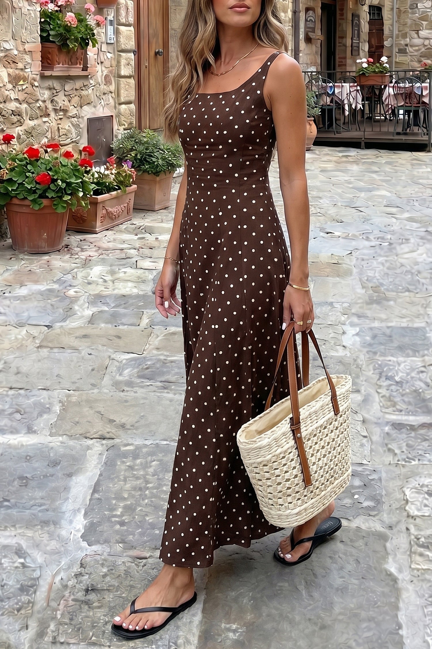 Brown Polka Dot Print Square Neck Sleeveless Vacation Long Dress-TOPS / DRESSES-[Adult]-[Female]-2022 Online Blue Zone Planet