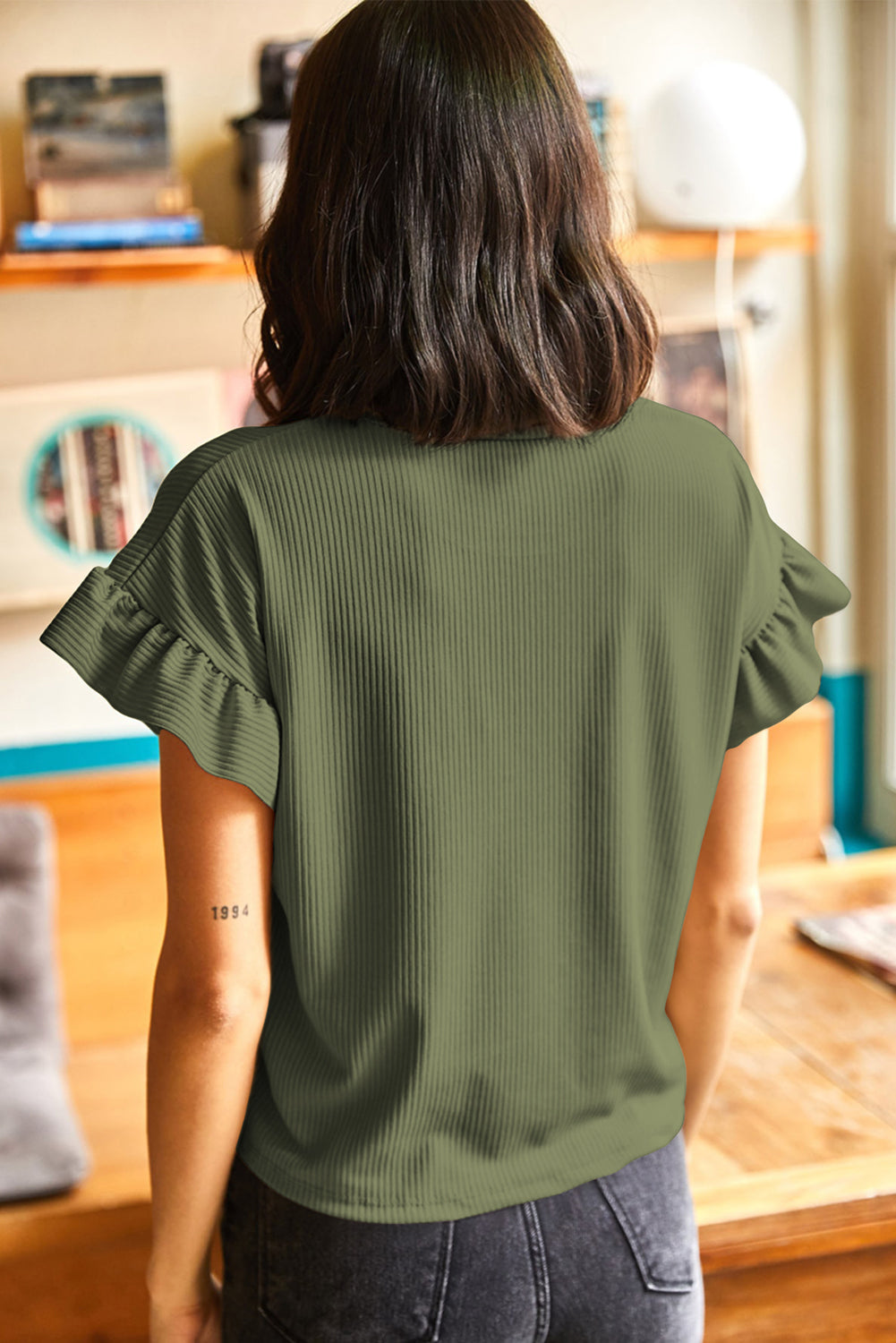 Jungle Green Solid Color Ribbed Ruffled Short Sleeve T Shirt-Tops/Tops & Tees-[Adult]-[Female]-2022 Online Blue Zone Planet