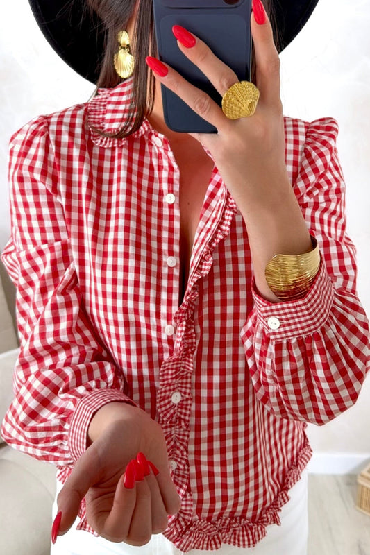 Red Plaid Long Sleeve Button Down Frill Detail Casual Shirt-Tops/Blouses & Shirts-[Adult]-[Female]-2022 Online Blue Zone Planet