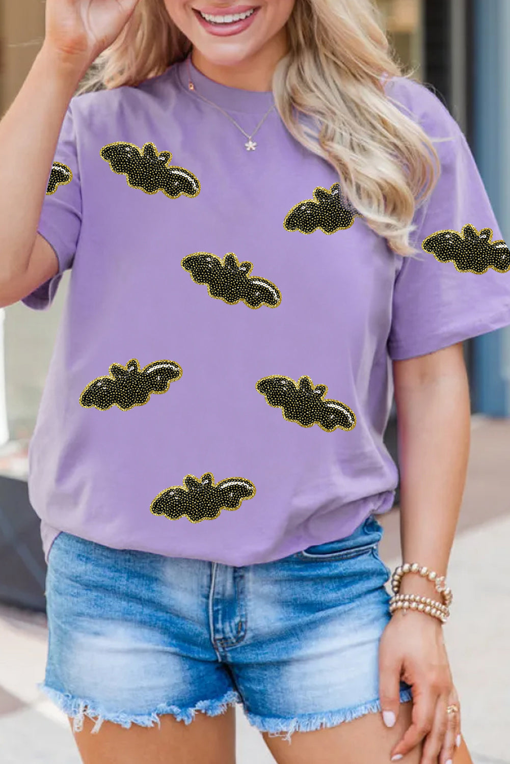 Wisteria Sequin Halloween Bat Patched Casual T Shirt-Graphic/Graphic Tees-[Adult]-[Female]-Wisteria-S-2022 Online Blue Zone Planet