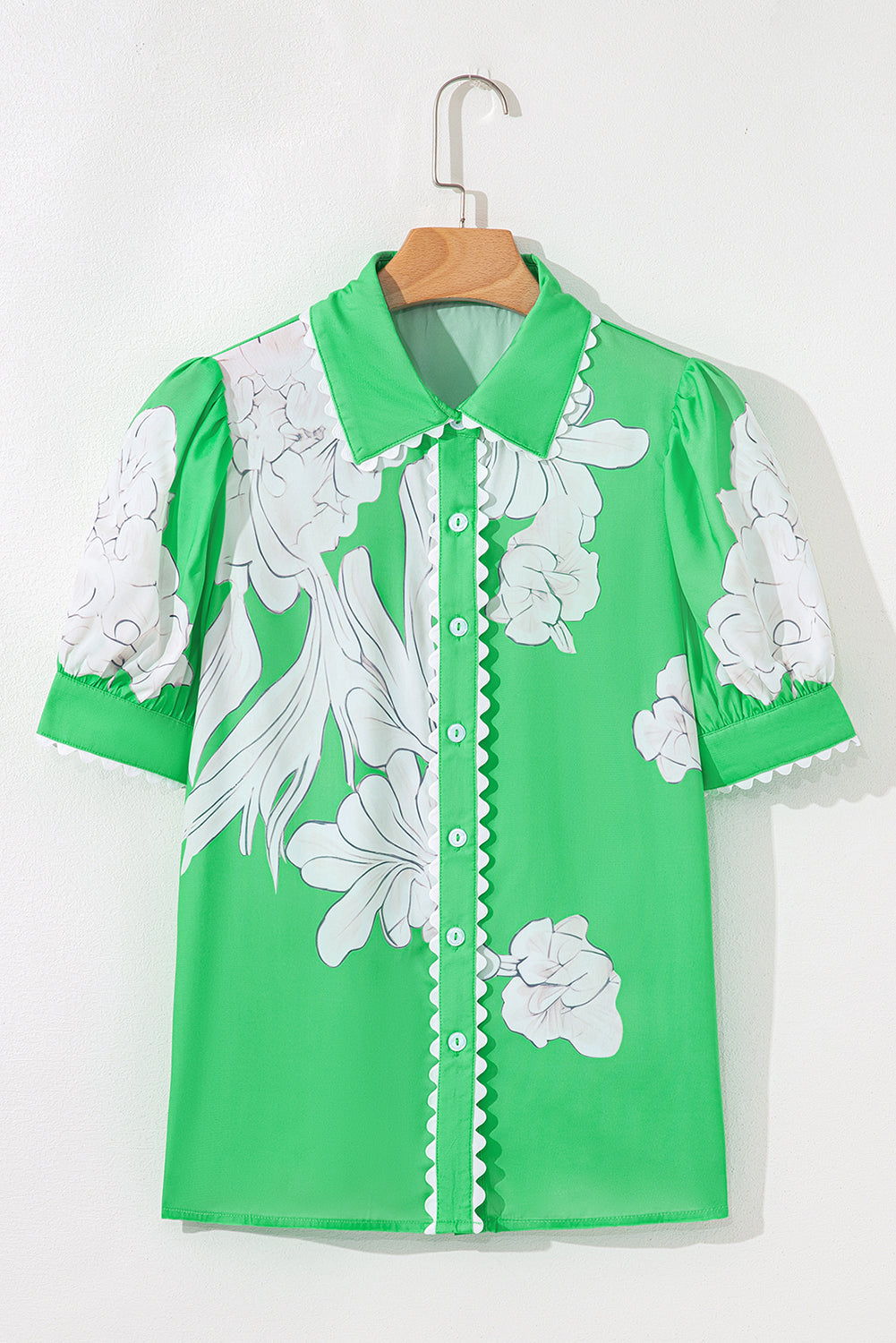Green Floral Ric Rac Edge Puff Sleeve Button Up Summer Shirt-Tops/Blouses & Shirts-[Adult]-[Female]-2022 Online Blue Zone Planet