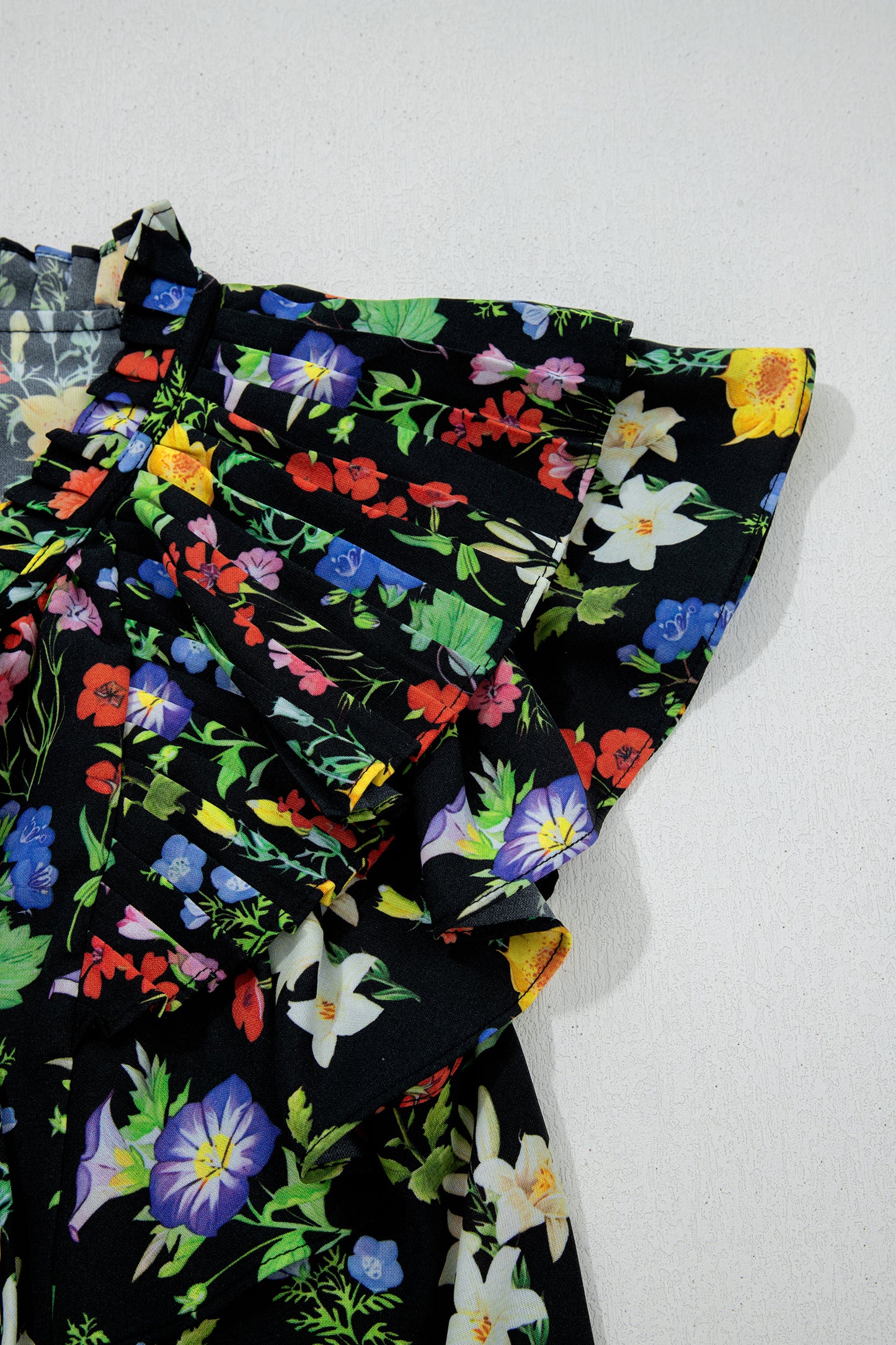 Black Tiered Flutter Sleeve V Neck Flower Blouse-Tops/Blouses & Shirts-[Adult]-[Female]-2022 Online Blue Zone Planet