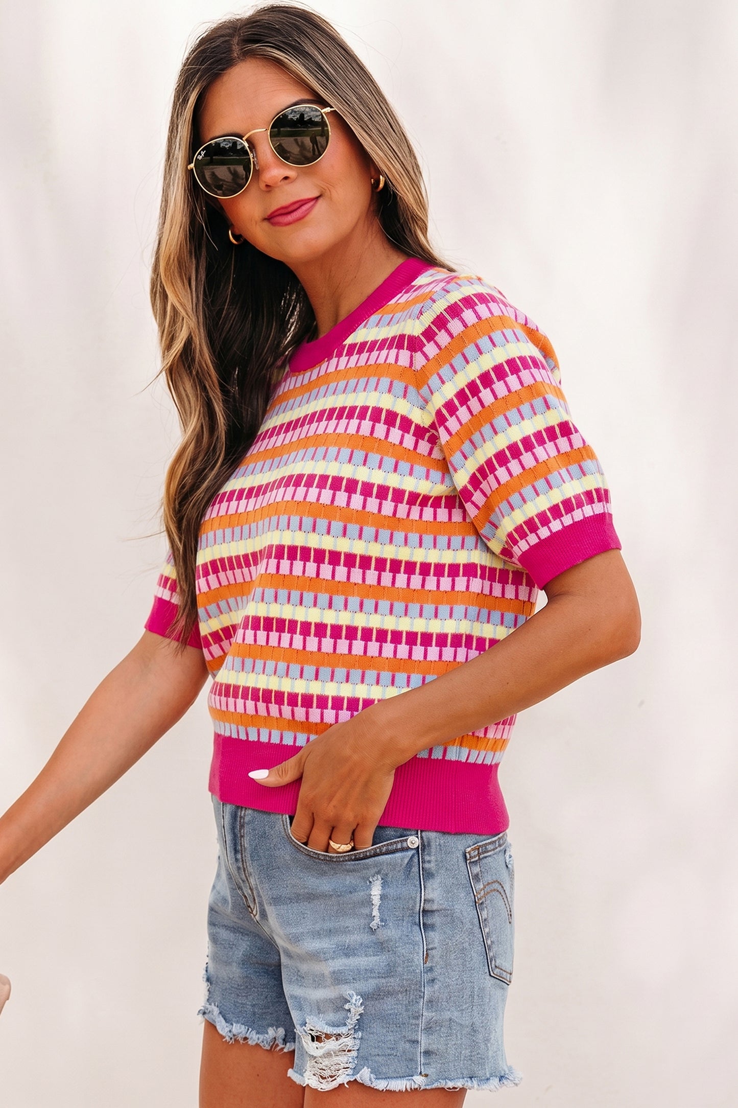 Orange Abstract Striped Knit Short Sleeve Sweater-Sweaters & Cardigans/Short Sleeve Sweaters-[Adult]-[Female]-2022 Online Blue Zone Planet