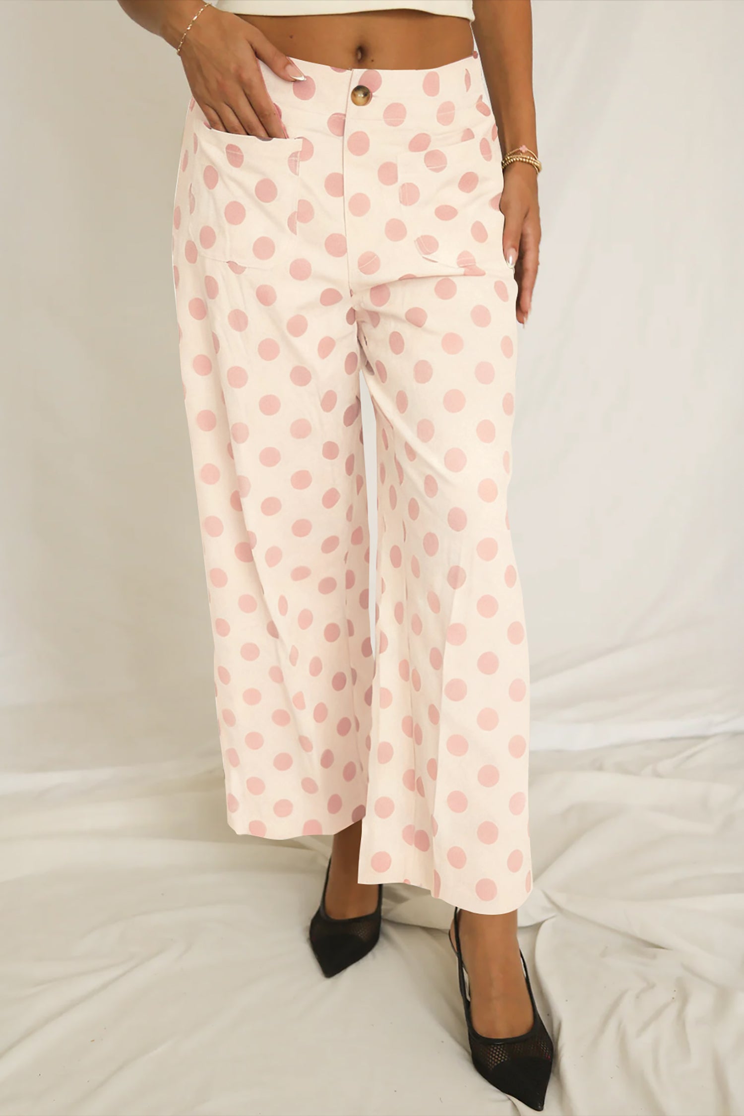 White Polka Dot Print Patched Pocket Loose Pants-Bottoms/Pants & Culotte-[Adult]-[Female]-2022 Online Blue Zone Planet