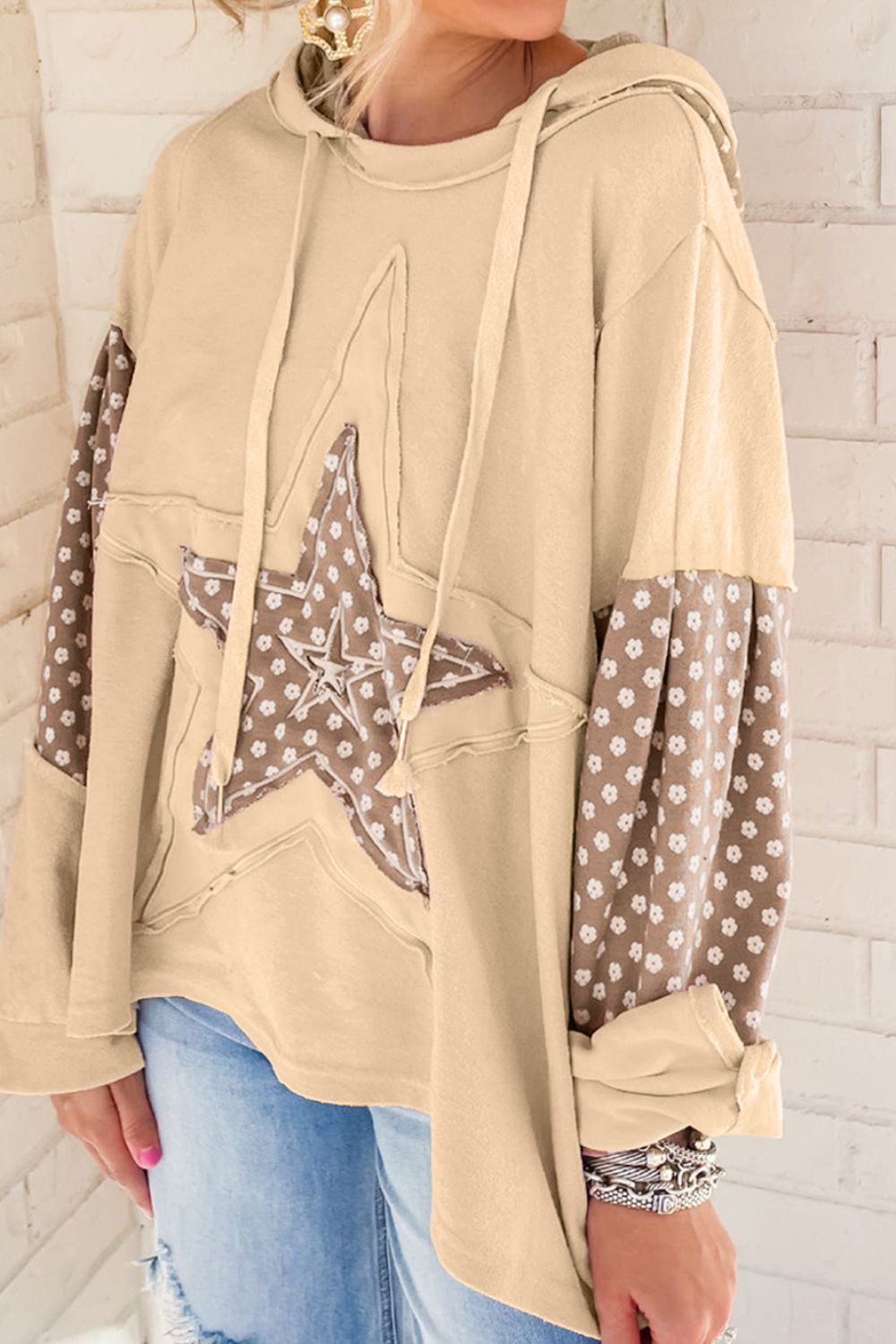 Floral Patchwork Star Pattern Drawstring Hoodie-TOPS / DRESSES-[Adult]-[Female]-Beige-S-2022 Online Blue Zone Planet