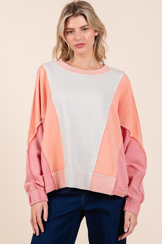 Mittoshop Mineral Wash Color Block Sweatshirt-TOPS / DRESSES-[Adult]-[Female]-Coral Combo-S-2022 Online Blue Zone Planet