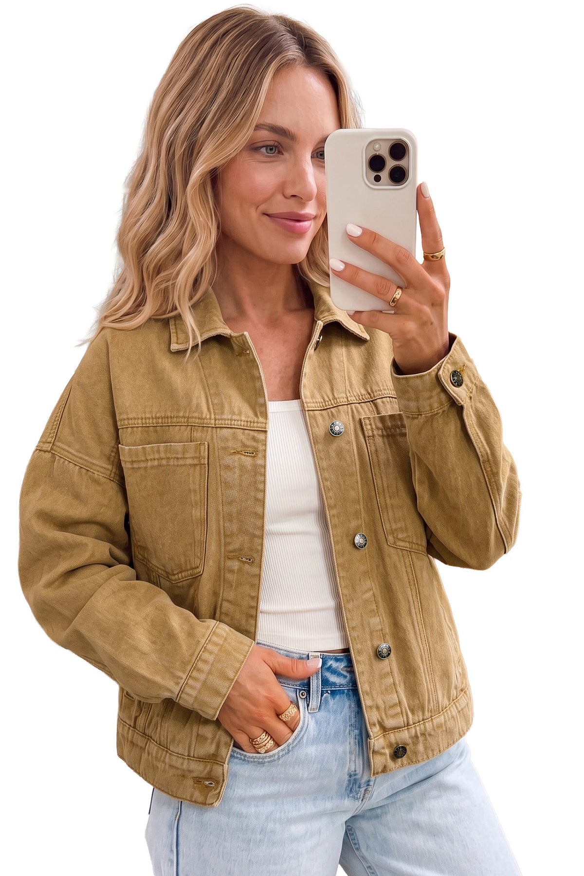 honey gold Metal Button Front Long Sleeve Collar Denim Jacket-Outerwear/Denim jackets-[Adult]-[Female]-2022 Online Blue Zone Planet
