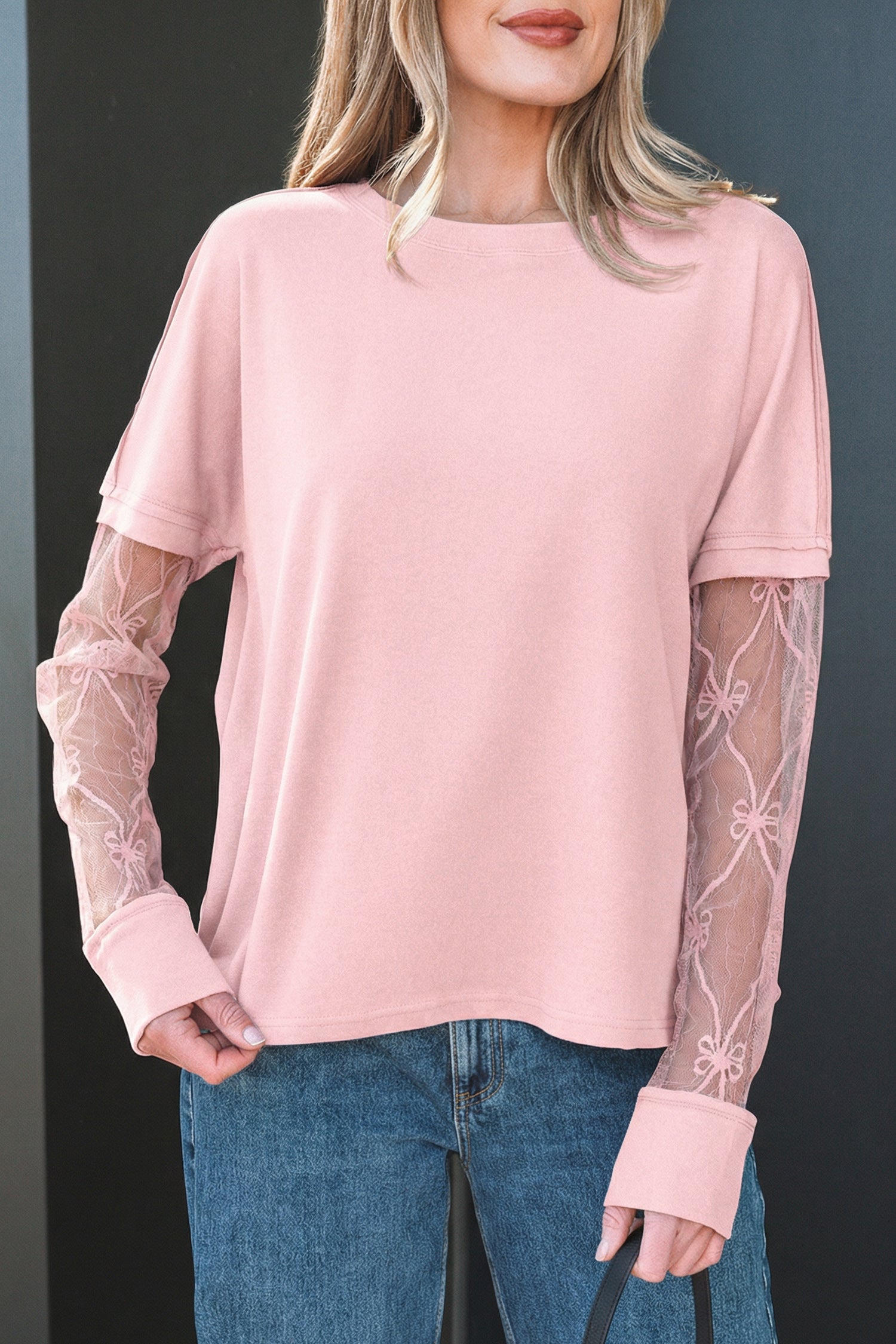 Light Pink Solid Color Bow Textured Patchwork Long Sleeve Tee-Tops/Long Sleeve Tops-[Adult]-[Female]-2022 Online Blue Zone Planet
