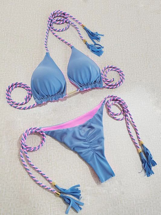 Contrast Halter Neck Two-Piece Bikini Set-TOPS / DRESSES-[Adult]-[Female]-Sky Blue-S-2022 Online Blue Zone Planet