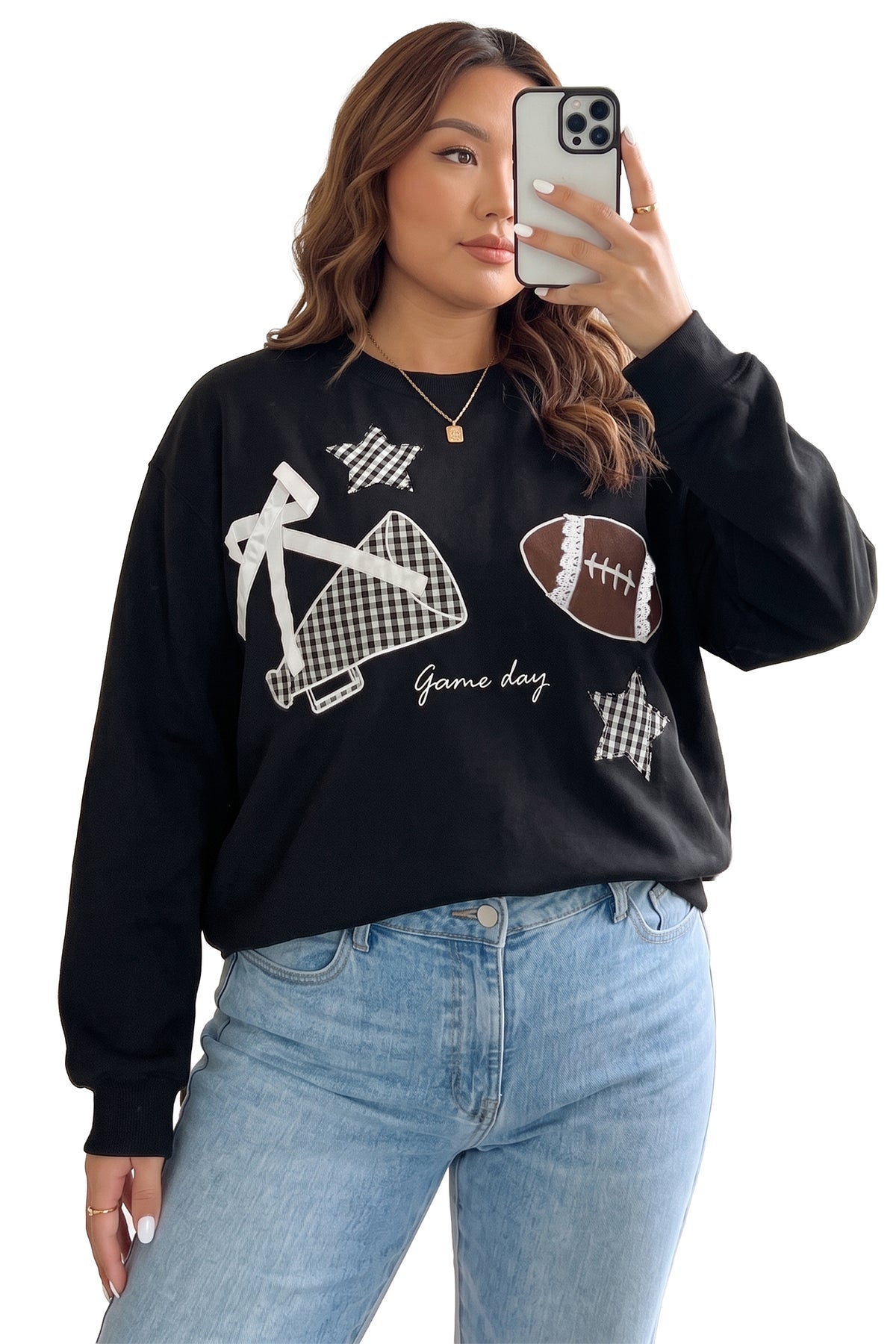 Black Rugby Game Day Patchwork Graphic Plus Size Sweatshirt-Plus Size/Plus Size Sweatshirts & Hoodies-[Adult]-[Female]-2022 Online Blue Zone Planet
