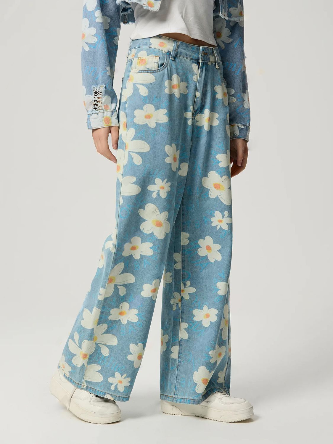 Blue Zone Planet | Pocketed Floral Wide Leg Jeans-BOTTOMS SIZES SMALL MEDIUM LARGE-[Adult]-[Female]-2022 Online Blue Zone Planet