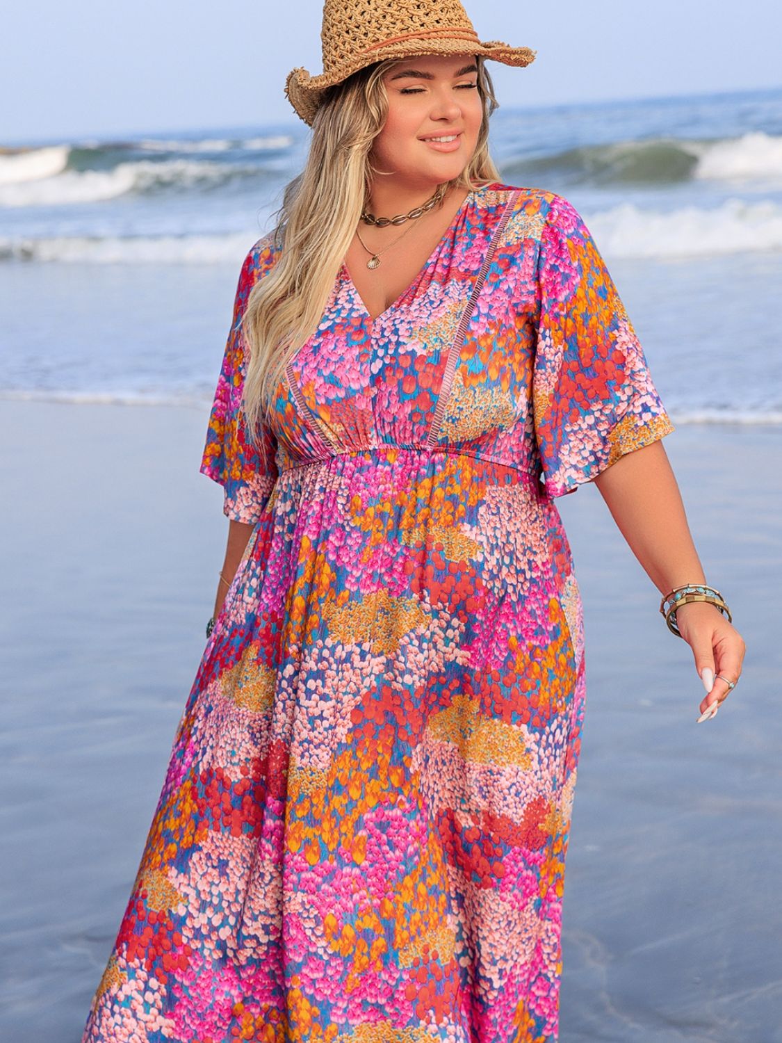 Blue Zone Planet | Plus Size Slit Printed Half Sleeve Dress-TOPS / DRESSES-[Adult]-[Female]-2022 Online Blue Zone Planet