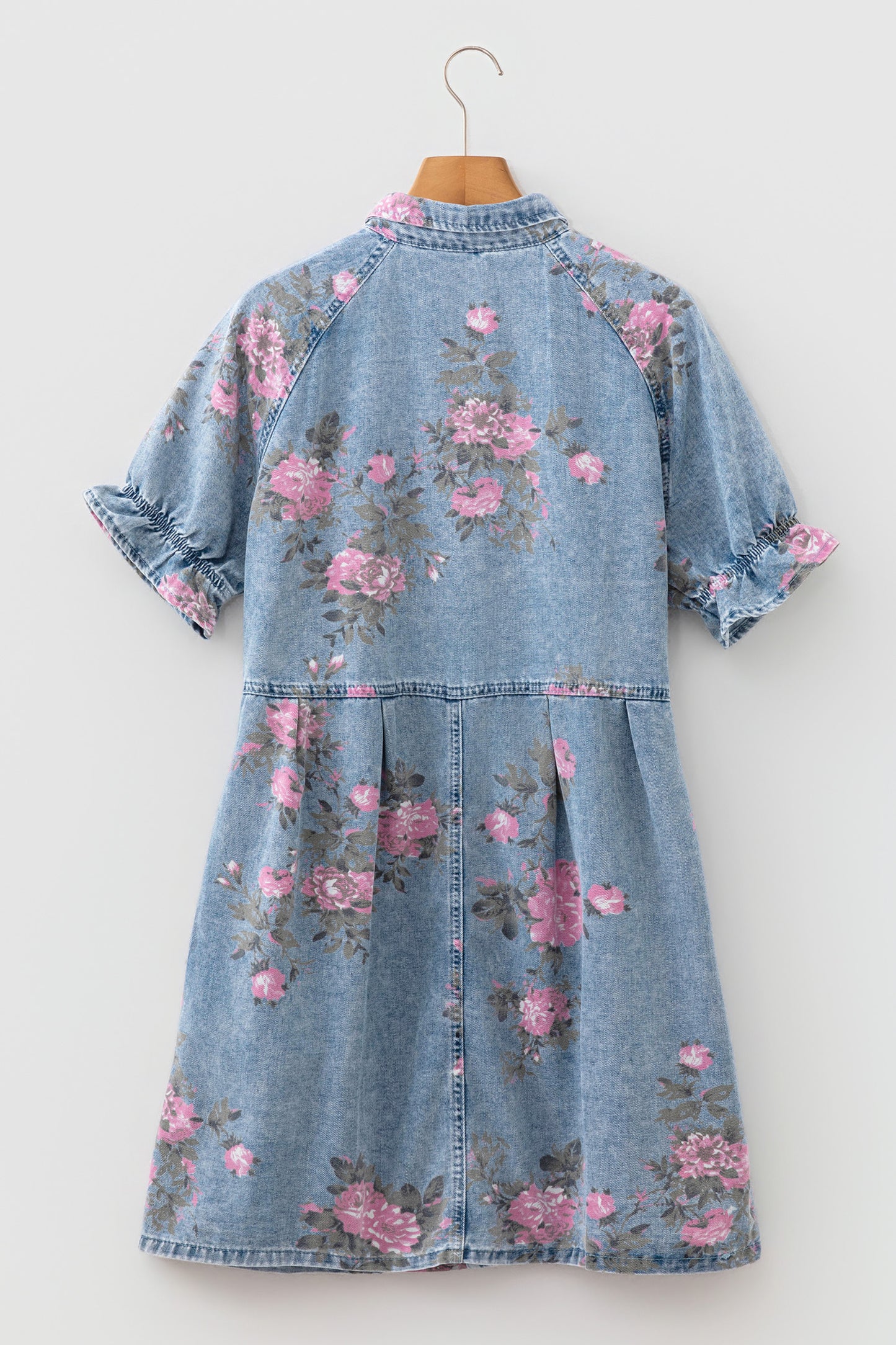 Sky Blue Floral Print Denim Short Sleeve Button Down Dress-TOPS / DRESSES-[Adult]-[Female]-2022 Online Blue Zone Planet