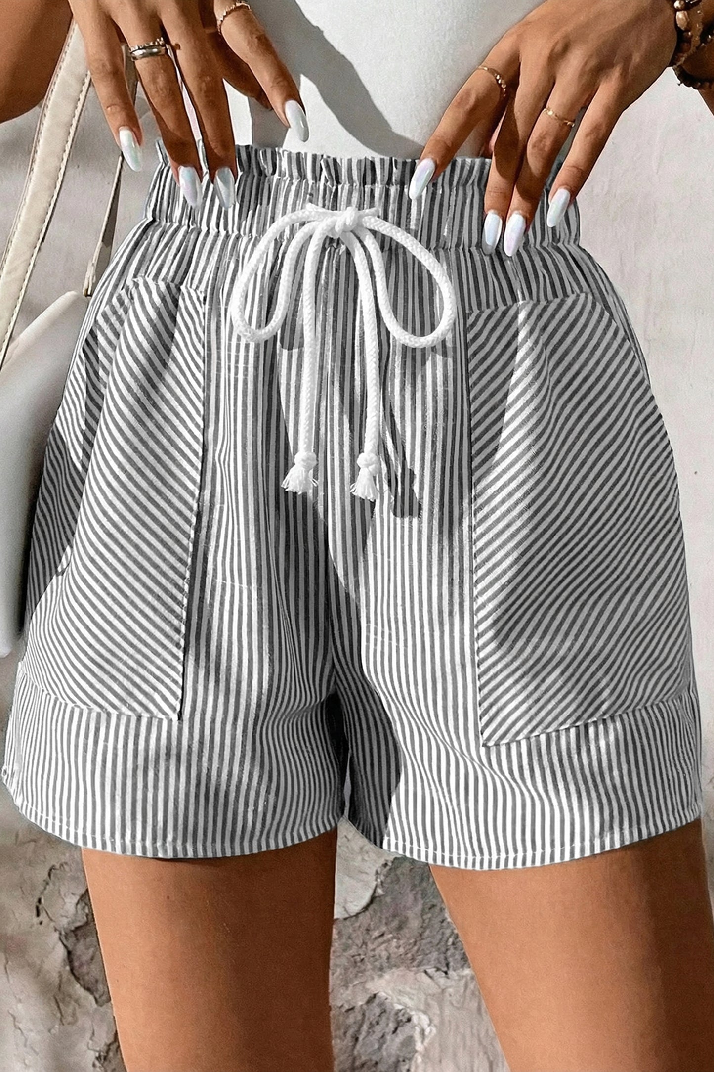 Gray Stripe Lace-Up Elastic Waist Casual Pocketed Shorts-Bottoms/Casual Shorts-[Adult]-[Female]-2022 Online Blue Zone Planet