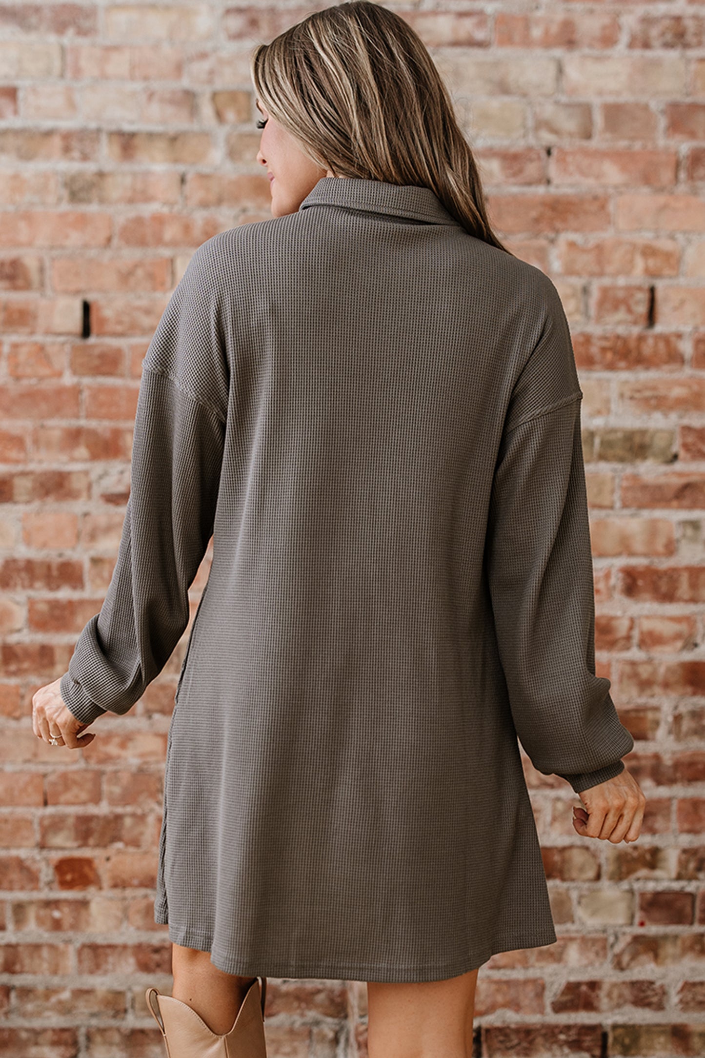 Simply Taupe Waffle Knit Shirt Tunic Dress-Dresses/Mini Dresses-[Adult]-[Female]-2022 Online Blue Zone Planet