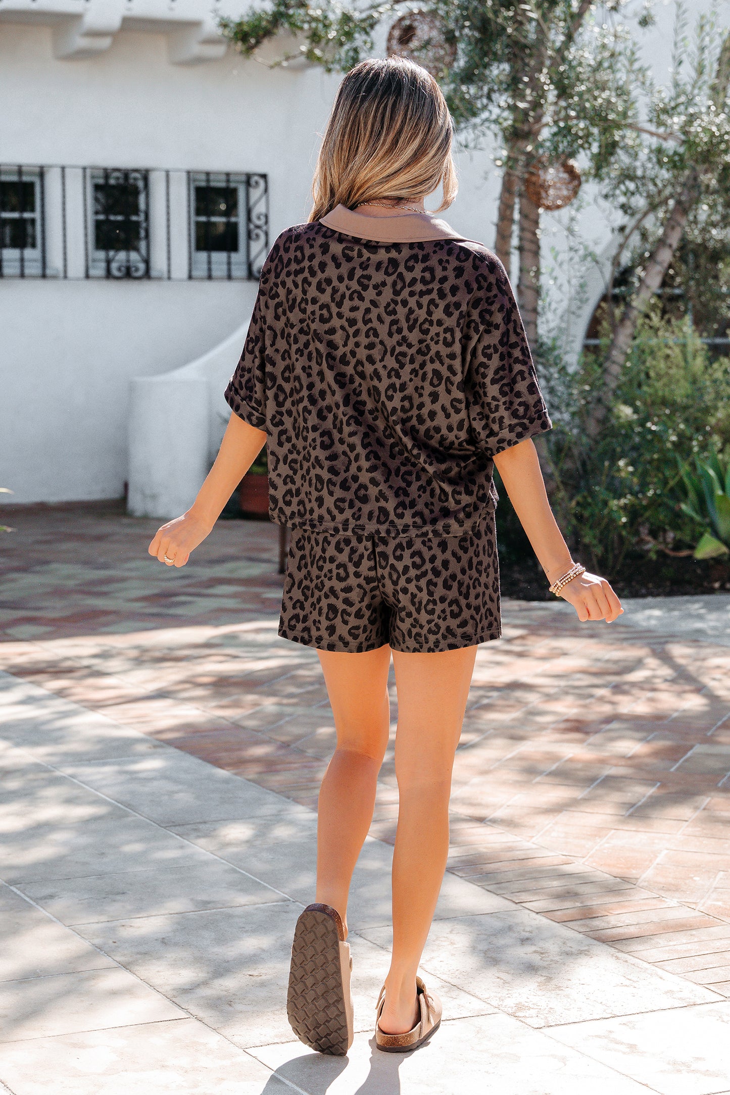 Brown V Neck Collar Leopard Printed 2pcs Short Set-Two Piece Sets/Short Sets-[Adult]-[Female]-2022 Online Blue Zone Planet