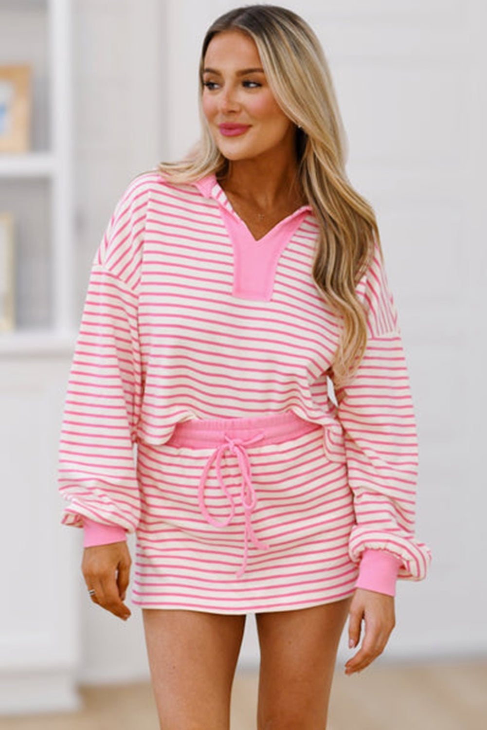 Pink Stripe Collared V Neck Drop Shoulder Pullover And Skort 2Pcs Outfit-Two Piece Sets/Two Piece Dresses-[Adult]-[Female]-2022 Online Blue Zone Planet
