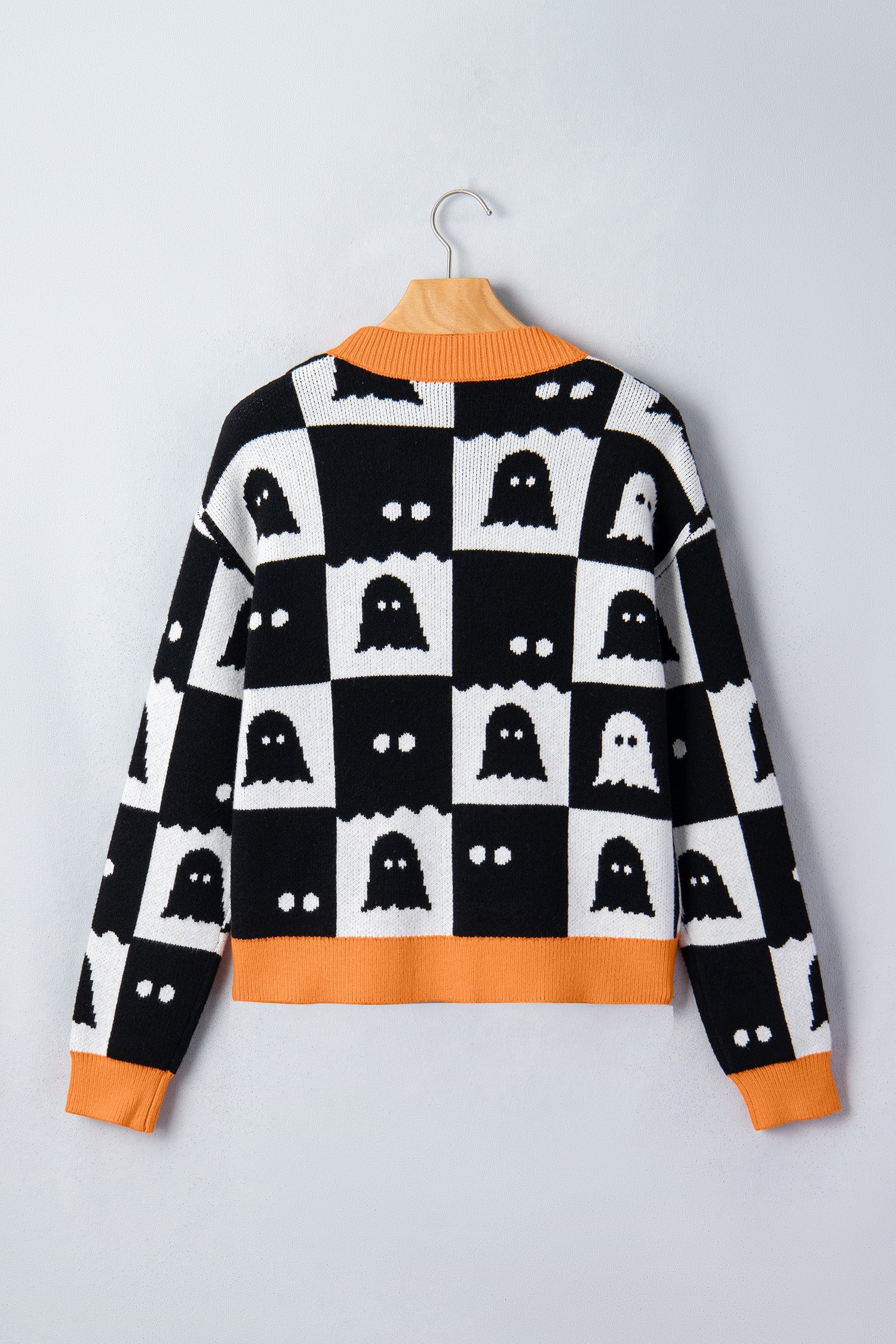 Black Geometric Ghost Print Drop Shoulder Knit Cardigan-Sweaters & Cardigans/Cardigans-[Adult]-[Female]-2022 Online Blue Zone Planet
