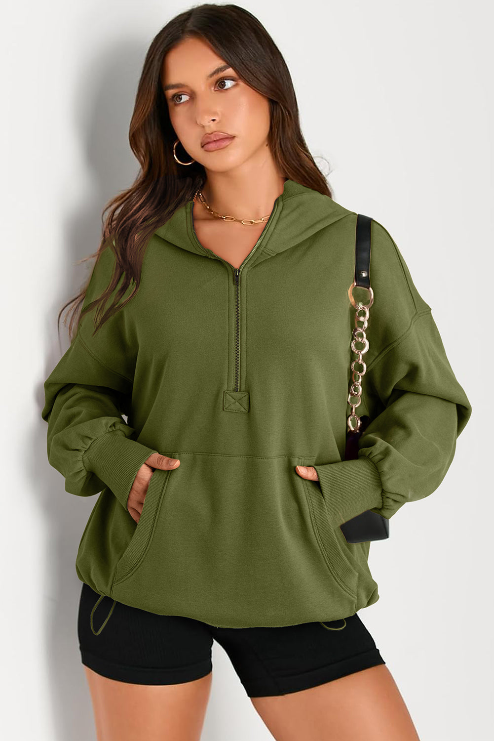 Pocketed Half Zip Long Sleeve Hoodie-HOODIES-[Adult]-[Female]-2022 Online Blue Zone Planet