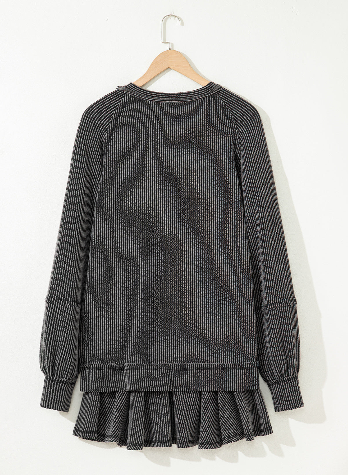 Dark Grey Corded Lantern Sleeve Top High Waist Ruffled Mini Skirt Set-Two Piece Sets/Two Piece Dresses-[Adult]-[Female]-2022 Online Blue Zone Planet