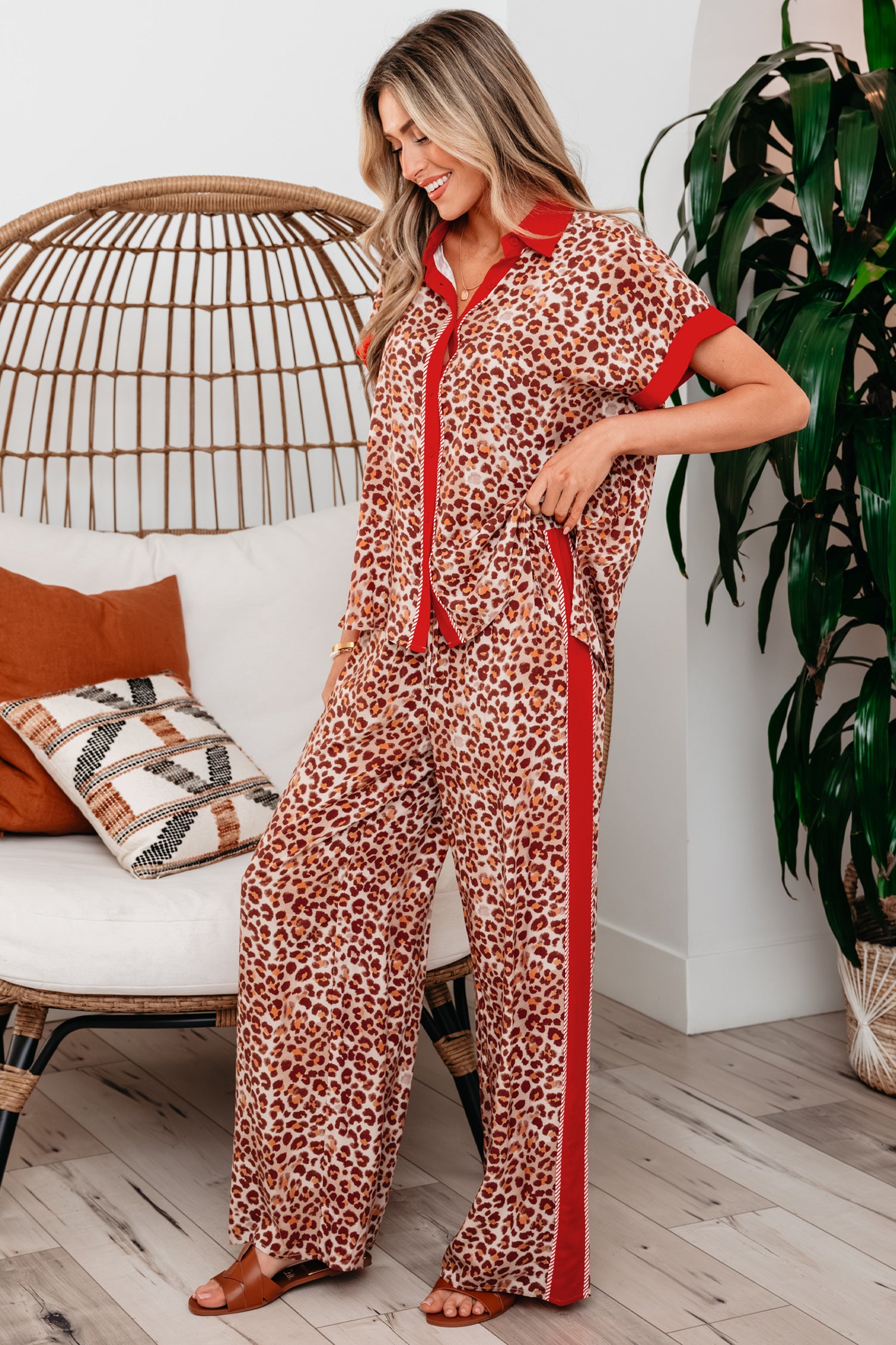 Brown Contrast Trim Leopard Top and Pant Set-Two Piece Sets/Pant Sets-[Adult]-[Female]-2022 Online Blue Zone Planet