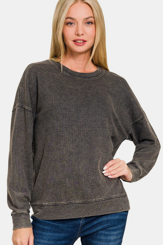 Zenana Washed Round Neck Dropped Shoulder Sweatshirt-TOPS / DRESSES-[Adult]-[Female]-Black-S-2022 Online Blue Zone Planet